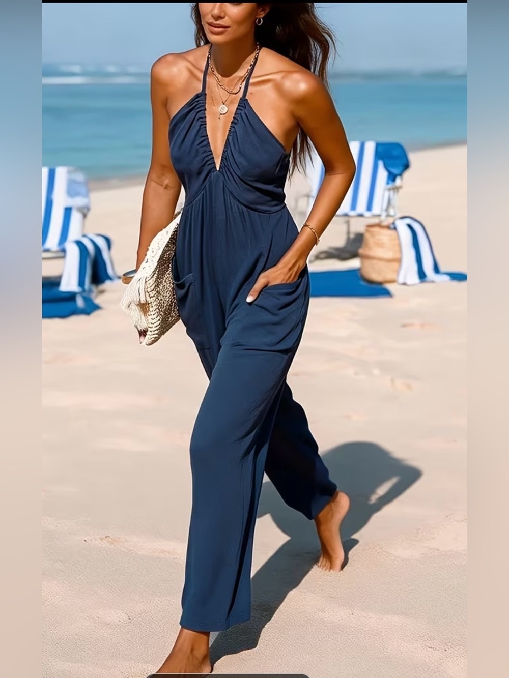 Navy Halter Jumpsuit with Pockets (XL)